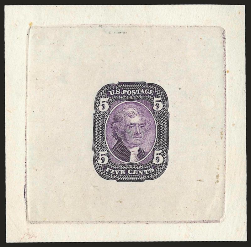 5c 1861 Issue, Schernikow Essays (67-E1b, 67-E1d, 67-E2a, 67-E2c, 67-E3a, 67-E4f).> 34, beautifully mounted on album pages, incl. seven of first, twelve of No. 67-E2a, eight of No. 67-E3a, nice selection of
colors with very little duplication, fresh