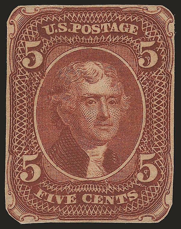 5c Brown, Die II, Die Essay on Brown Toned Paper (67-E4b).> Cut to shape as always, deep rich color, small thin spot at top right, appears Very Fine, with 1991 P.F. certificate