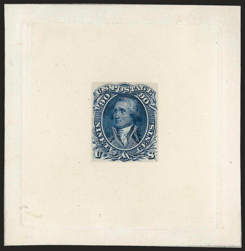 90c Black, First Design, Hybrid Die Essay on India, Thin Line Under Bottom Center Frame (72-E9b).>  Mounted on India and die sunk on 73 x 74mm card with full die sinkage, Extremely Fine, very rare