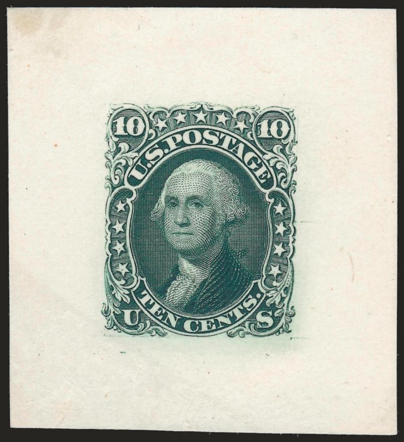 10c Yellow Green, 90c Blue, Large Die Proofs on India (68P1, 72P1).> Approximately 40 x 45mm, 10c mounted on card, 10c small translucency at top left far from design, Very Fine