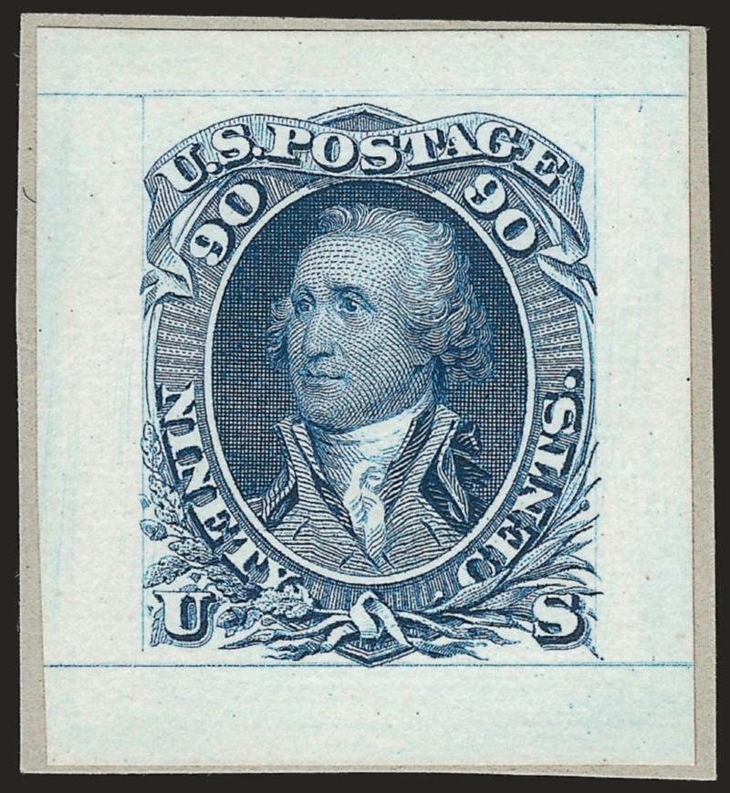5c Brown, 12c Black, 90c Blue, Small Die Proofs on Wove (69P2, 72P2, 76P2).> On original gray card backing, bright colors, fresh and Very Fine, approximately 85 of each were produced