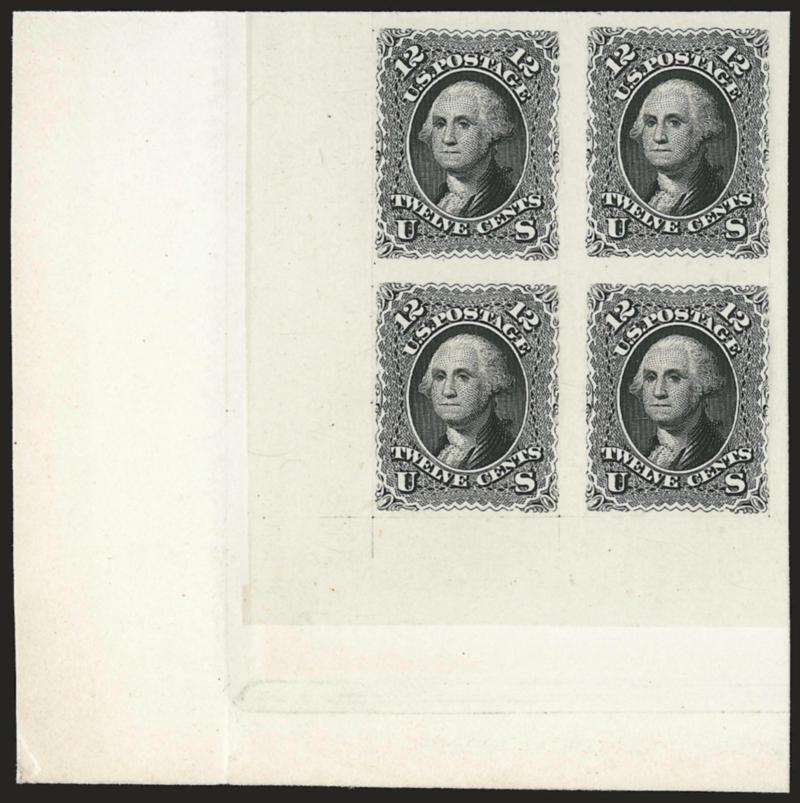 12c Black, Plate Proofs on India (69P3).> Set of four matched corner margin blocks of four, mounted on original card and therefore free from the defects that can plague this paper, large margins, bright shade,
Extremely Fine, very desirable