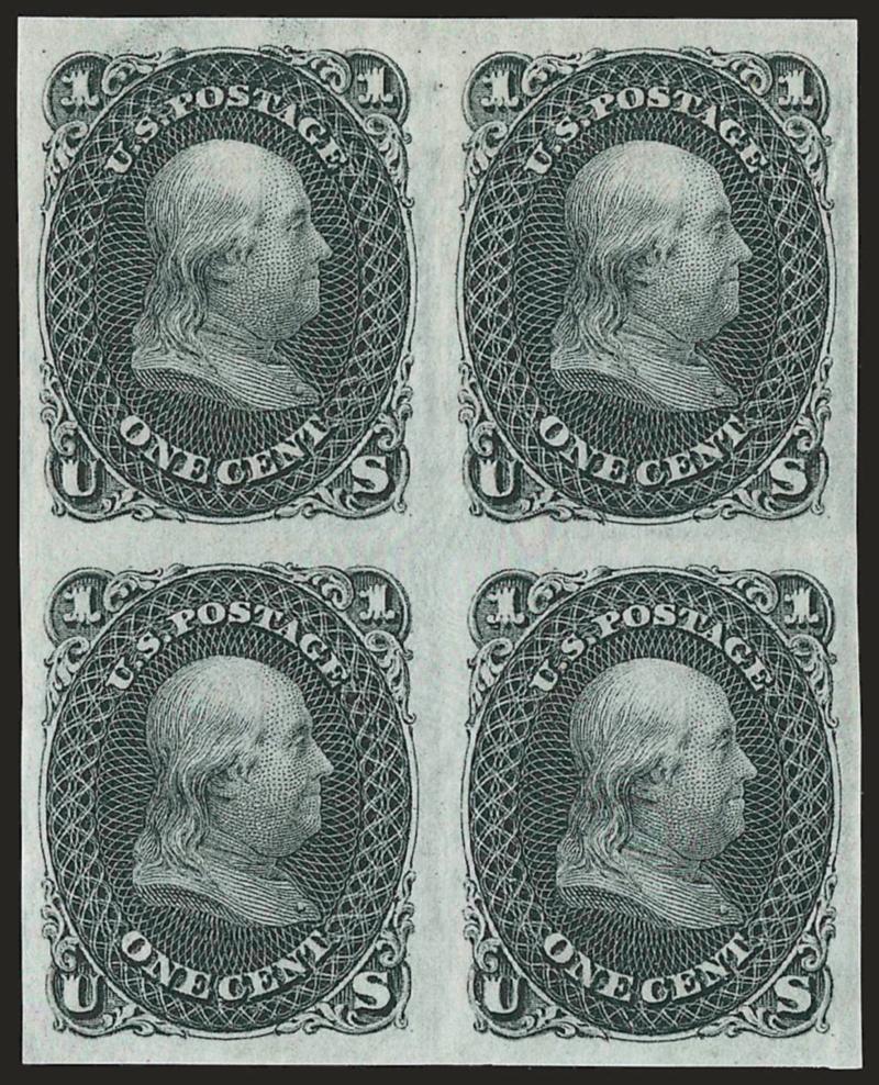 1c Wyckoff, Lowenberg Patents, Trial Color Plate Proof on Surface Starched Paper (63TC5).> Incl. two blocks of four, one pair and eight singles of the imperf and three perforated singles, wide range of colors
with no duplication, few small imperfecti