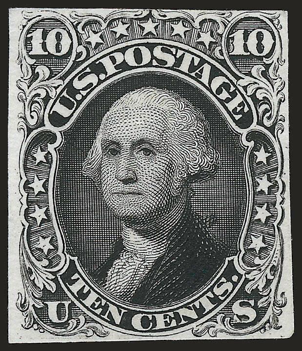 10c Black, Large Die Trial Color Proof on India (68TC1).> Removed from card and reduced to stamp size, detailed impression, fresh and Fine example of this scarce trial color proof