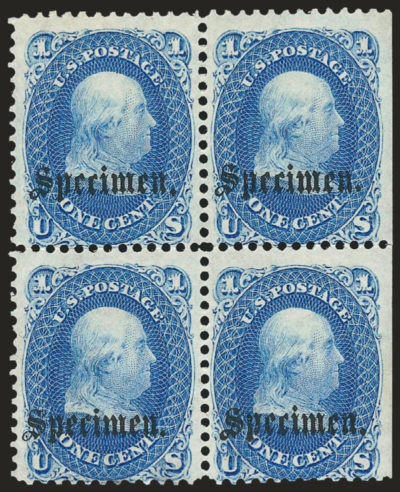 1c Blue, Specimen Overprint Ty. B (63SB).> Block of four, s.e. at right, unused (no gum), bright color, Fine-Very Fine, also incl. Nos. 73SB and 69SJ