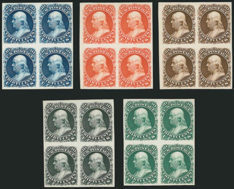 30c 1861, Atlanta Trial Color Proofs (110TC).> Complete set of five colors in blocks of four, large margins all around, rich colors<><>^VERY FINE AND CHOICE. A SCARCE SET OF BLOCKS OF FOUR OF ATLANTA TRIAL COLOR
PROOFS OF THE 30-CENT 1861 DESIGN.^<