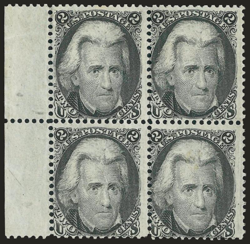 2c Black (73).> Block of four with <selvage at left,> original gum, top pair light horizontal crease, some slight gum toning at top and left, appears Fine, scarce and desirable multiple, with 2004 P.S.E.
certificate