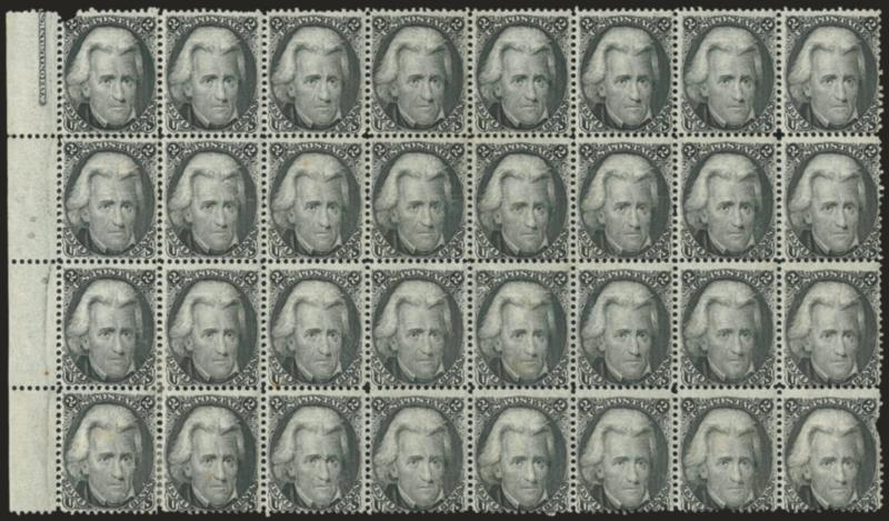2c Black (73).> Block of 32 with selvage at left with <part imprint,> original gum, detailed impression, few flaws incl. horizontal crease affecting second row, some perf separations, toned spots and small piece
out at right<><>^FINE APPEARANCE. A