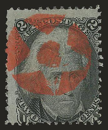 2c Black (73).> Album page with 25 singles and two pairs (few have grills), beautifully mounted and with wide range of cancels, incl. red negative star, orange grid, Steam Boat, shield, various blue cancels, red
circle of Vs, magenta rosette, smal