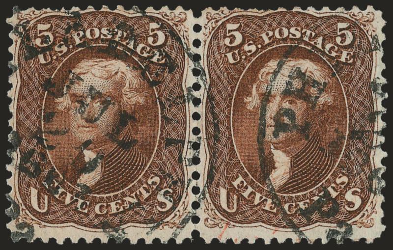 5c Red Brown (75).> Horizontal pair, beautiful warm color, neat strikes of Philadelphia circular datestamps, few short perfs, otherwise Fine