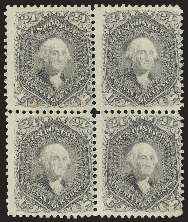 24c Gray (78b).> Block of four, unused (regummed), rich color, rejoined along horizontal perforations, otherwise Fine, with 2004 P.S.E. certificate, Scott Retail as no gum singles