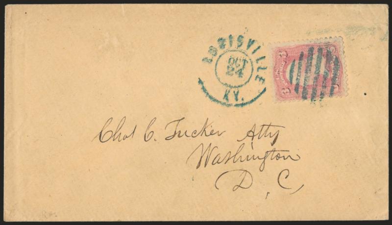 3c Pigeon Blood Pink (64a).> Beautiful color, tied by <blue grid> and by matching Louisville Ky. Oct. 24 double-circle datestamp on cover to Washington D.C., , trace of oxidation not mentioned on accompanying
certficate, otherwise Very Fine, with 1