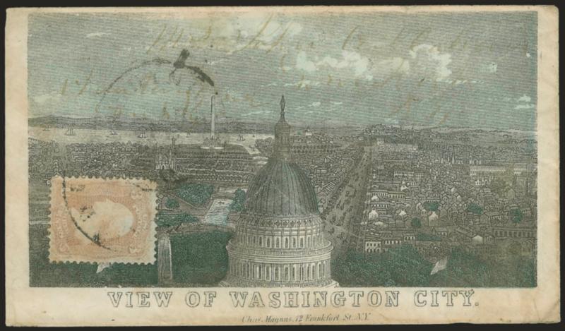 3c Rose (65).> Tied by Washington D.C. Mar. 16 circular datestamp on multicolored <View of Washington City Magnus patriotic> cover to a town in N.Y., stamp faded, slightly reduced at left, some minor overall
wear, still Fine, attractive design