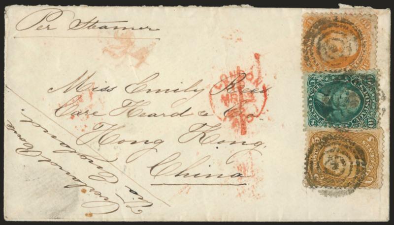 5c Buff, 10c Yellow Green, 30c Orange (67, 68, 71).> Tied by targets on 1862 cover <to Hong Kong, China,> no origin datestamp, red London transit and 24 credit handstamp, minor edgewear incl. 30c with light
creasing not mentioned on accompanying ce