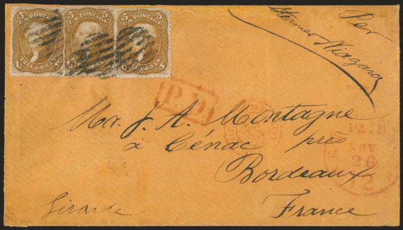 5c Brown Yellow (67a).> Three, one with s.e., all have faults (lifted and replaced), tied by grids on buff cover <to Bordeaux, France,> red New York Paid 12 Nov. 26 credit datestamp, red P.D. in frame, red
Calais transit, receiving backstamps, re