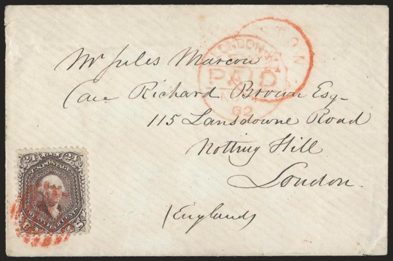 24c Red Lilac (70).> Deep rich color, tied by complementary <red grid> cancel, matching Boston Mass. Oct. 21 circular datestamp on cover <to London, England,> red 1862 receiving circular datestamp, fresh and
Very Fine, with 2007 A.P.S. certificate