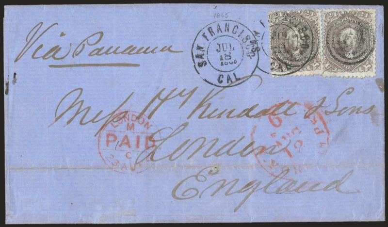 24c Red Lilac (70).> Two, bright color, tied by targets and by San Francisco Cal. Jul. 18, 1865 double-circle datestamp on blue folded cover <to London, England,> endorsed <<Via Panama>> at top left, 6c New York
credit circular datestamp, London