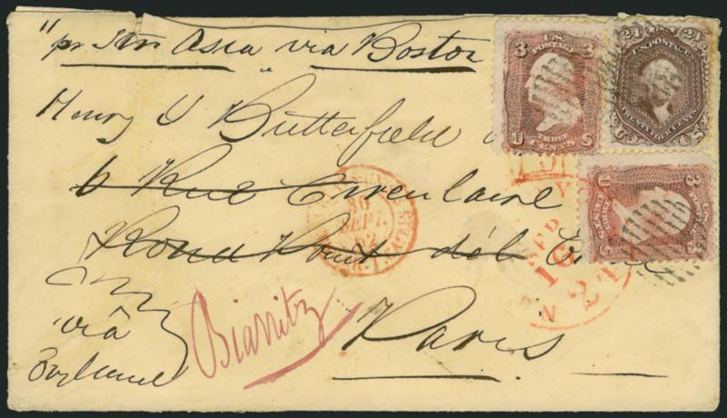 24c Red Lilac (70).> Used with two 3c Rose (65), tied by grids on 1862 cover <to Paris, France and forwarded to Biarritz,> red New York Paid 24 Sep. 16 credit datestamp, 24c few tears, one 3c corner crease,
cover with repaired tear at left, appears