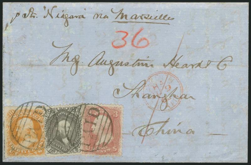 30c Orange (71).> Used with <3c Rose and 24c Red Lilac (65, 70),> tied by well-struck large Boston Paid grids on blue 1862 folded letter <to Shanghai, China,> red Boston Am. Pkt. Paid May 28 and Hong Kong
backstamps, red London transit datestamp,