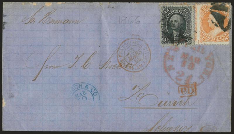 30c Orange (71).> Straddle-margin at left, used with 12c Black (69) and tied by segmented corks and red New York Paid 24 Mar. 10 credit datestamp on blue 1866 folded letter <to Zurich, Switzerland,>  Calais
transit and receiving backstamp, some sli