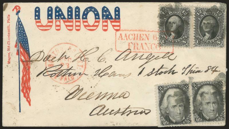 2c Black (73).> Horizontal pair, used with horizontal pair of <12c Black (69),> natural s.e. at right, tied by circle of Vs cancels on red and blue <Union Flag Patriotic cover to Vienna, Austria,> Angell
correspondence, red Boston Br. Pkt. 7 Paid D
