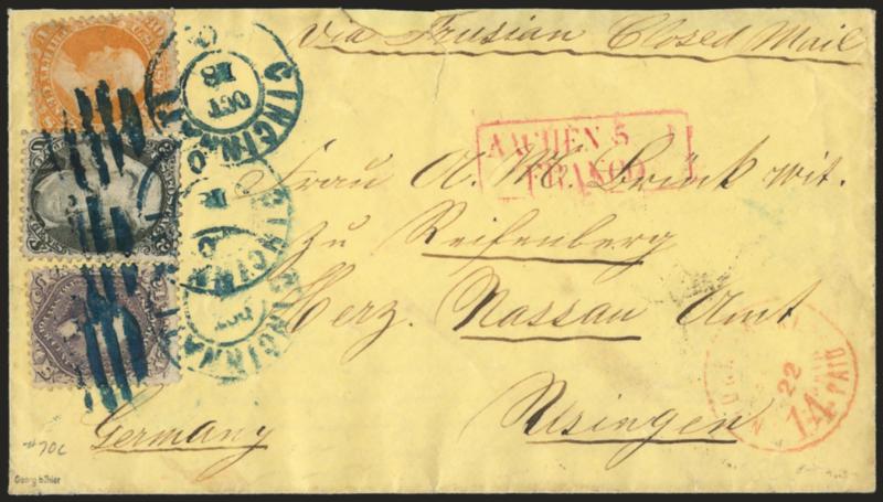 2c Black (73).> Used with <24c Violet and 30c Orange (70c, 71),> cancelled or tied by <blue> grids and matching Cincinnati O. Oct. 18 double-circle datestamps on yellow cover <to Usingen, Germany,> endorsed
<<Via Prussian Closed Mail>>, red N. Y