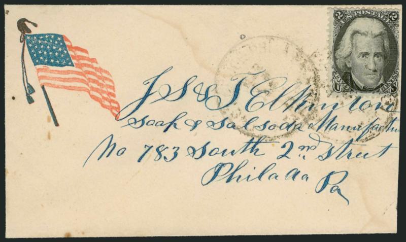 2c Black (73).> Intense shade, tied by indistinct strike of Philadelphia carrier datestamp on red and blue <Waving Flag Patriotic> cover to local street address, slightly reduced at right, expertly cleaned but
with traces of waterstaining remaining,