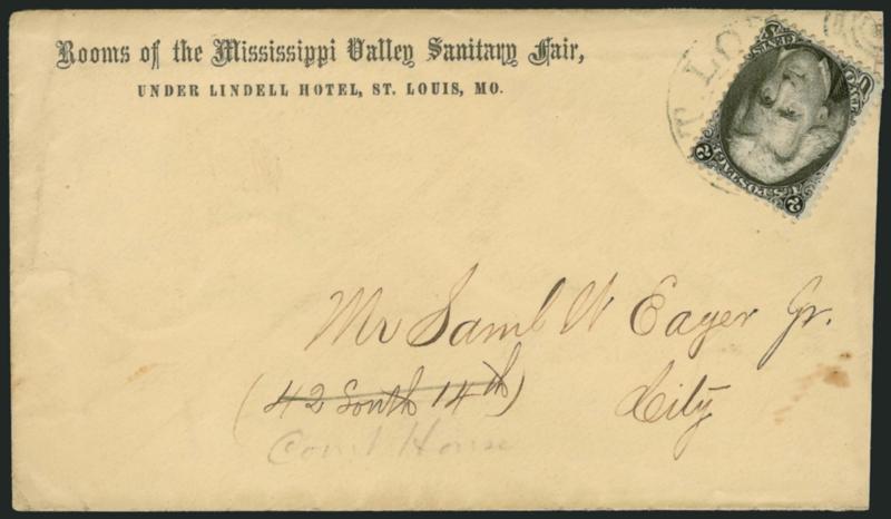 2c Black (73).> Tied by St. Louis Mo. double-circle datestamp on <Rooms of the Mississippi Valley Sanitary Fair corner card> cover on locally used cover, slightly reduced at right and with tiny edge restoration
at top right, Very Fine appearance