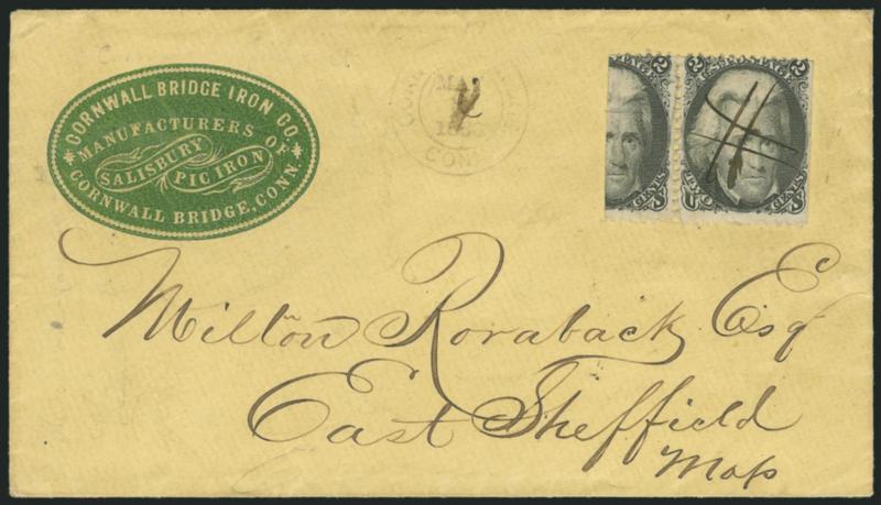 2c Black, Vertical Half Used as 1c (73d).> In pair with 2c, s.e. at right, to pay 3c rate, cancelled by pen, Cornwall Bridge Conn. May 5, 1866 double-circle datestamp on manufacturers corner card cover to East
Sheffield Mass., erased pencil docket