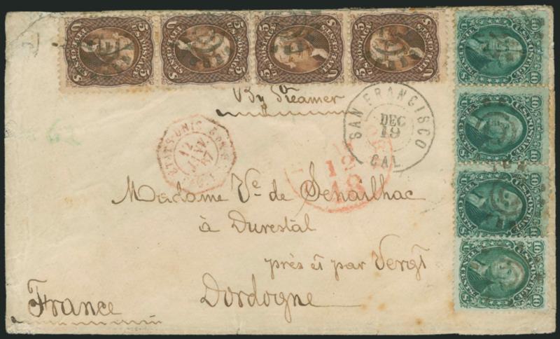 5c Brown (76).> Two vertical pairs, used with horizontal strip of three and single of 10c Yellow Green (68), cancelled by cogwheels and San Francisco Cal. Dec. 19 double-circle datestamp on cover <to Dordogne,
France,> New York 18c credit datestamp