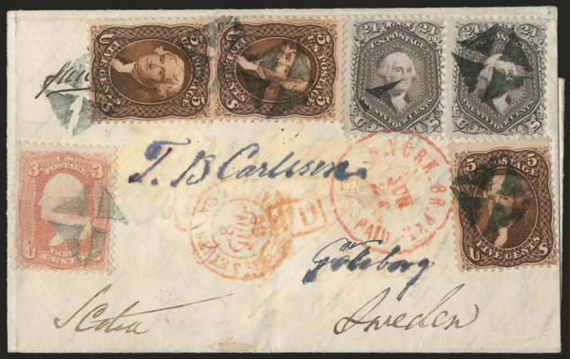 24c Lilac (78).> Horizontal pair, used with <3c Rose and three 5c Brown (65, 76),> tied by quartered cork cancels, red N. York Br. Pkt. Paid Jun. 21 (1866) circular datestamp on folded letter <to Goteburg,
Sweden,> red Calais transit and PD in fr