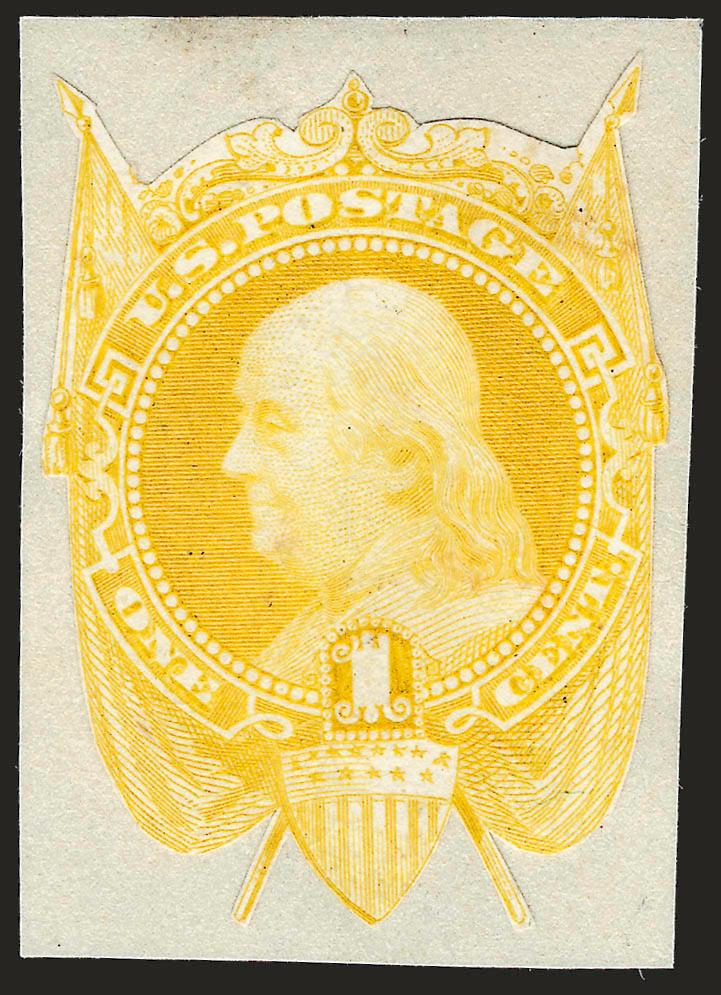 1c Yellow, Die Essay on India, Cut to Shape (112-E5d).> Magnificent color which is truly radiant, cut to shape as always and mounted on 25 x 35mm piece of thin paper, Very Fine and choice, an exceedingly rare
example of this essay