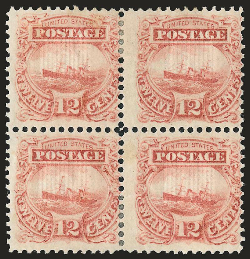 2c-12c 1869 Pictorial Issue, Plate Essays (113-E3e, 114-E6b, 114-E6d, 115-E2c, 116-E1k, 117-E1e).> Block of four of each, 10c unused (no gum), 12c part original gum, Very Fine, attractive group of these essays
in blocks of four, Scott Retail as singl