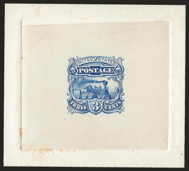 3c Blue, Small Numeral Die Essay on India (114-E4a).> On 64 x 57mm card with full die sinkage, bright color, small rust spots near edge of die sinkage area, otherwise Very Fine, ex Earl of Crawford and with his
notes on back