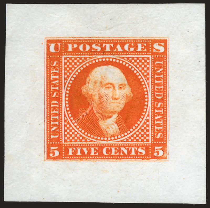 5c Washington, Large Lettering, Large Die Essay on India (115-E1b).> Orange, 34 x 33mm, brilliant color, fresh and Very Fine