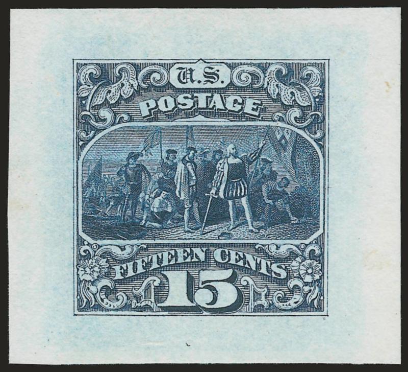 15c Blue, Ty. III, Large Die Essay on India (129-E1 var).> 34 x 30mm, deep rich color<><>^VERY FINE AND CHOICE ESSAY OF THE 15-CENT TYPE III 1869 PICTORIAL ISSUE. UNLISTED IN SCOTT.^<><>This is similar to the
essay, Scott 129-E1, except it lacks