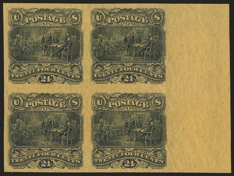 24c Black on Dull Yellow Tinted, Small Numeral Plate Essay on India (120-E2e).> Block of four, large margins incl. <sheet margin> at right, intense shade, Extremely Fine, Scott Retail as singles
