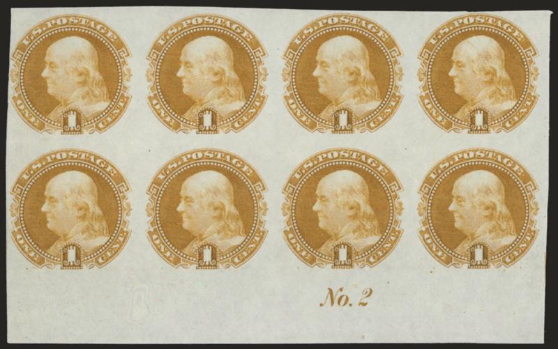 1c Buff, Plate Proof on India (112P3).> Bottom block of with with plate no. 2, large margins to clear, light horizontal crease at left between stamps, otherwise Very Fine, attractive multiple, Scott Retail as
two blocks of four with no premium for th