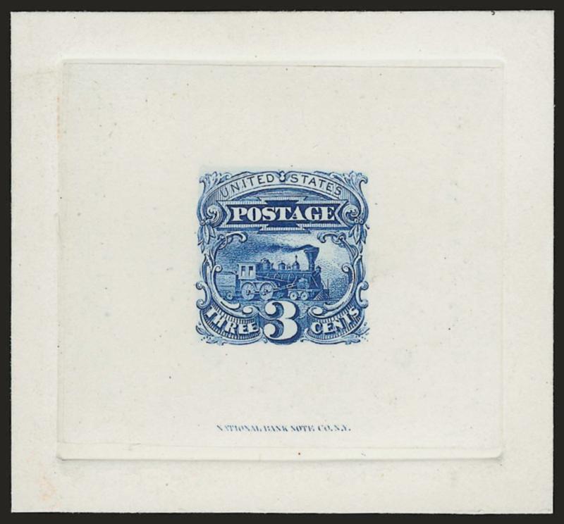 3c Ultramarine, Large Die Proof on India (114P1).> Die sunk on 63 x 58mm card with full die sinkage, imprint at bottom, brilliant color, Very Fine