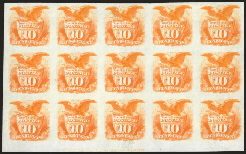 10c Yellow, Plate Proof on India (116P3).> Block of 15, large margins all around incl. <sheet margin> at bottom, brilliant color, trivial translucency at top center, otherwise Very Fine, attractive large
multiple