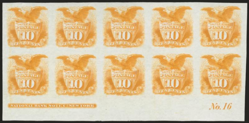 10c Yellow, Plate Proof on India (116P3).> Bottom imprint and plate no. block of ten, large margins all around, radiant color, Very Fine and choice, an attractive and scarce plate block, undercatalogued in
Scott