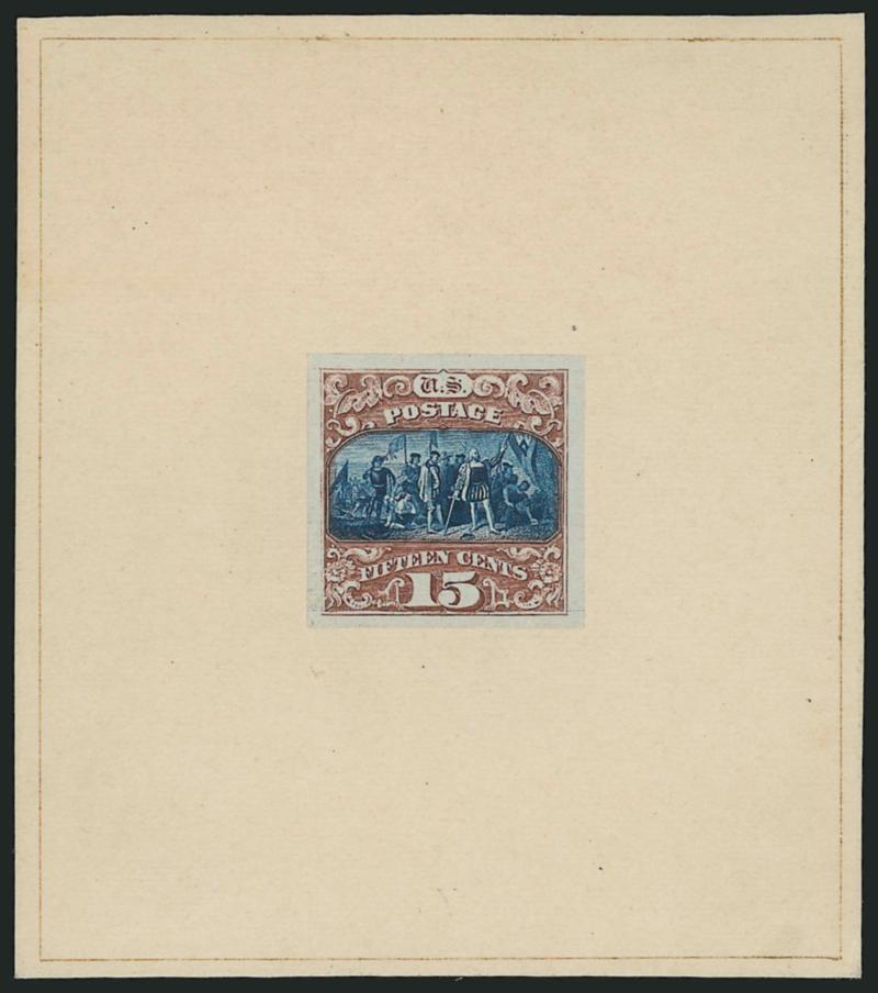15c Brown & Blue, Ty. I, Hybrid Large Die Proof on India (119P1 var).> Stamp size and mounted on 74 x 83mm card with gold border, fresh and Very Fine, Scott Retail as normal