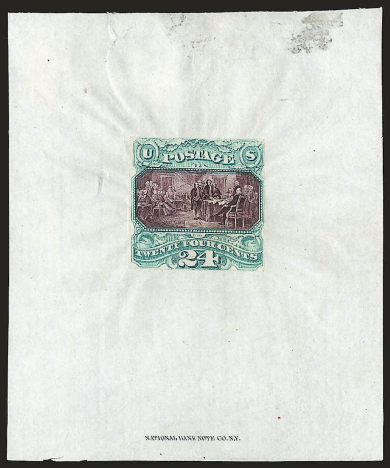 24c Green & Violet, Large Die Proof on India (120P1).> Cut to shape, mounted on India with National Bank Note Co. imprint at bottom, translucency at top of India, Very Fine, the 24c large die proof only exists
as a hybrid