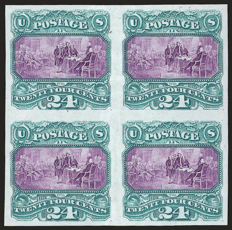 24c Green & Violet, Plate Proof on India (120P3).> Block of four, large margins, vignette in distinctive pale shade as is sometimes found on this proof, few small flaws often found on this fragile paper, Very
Fine appearance