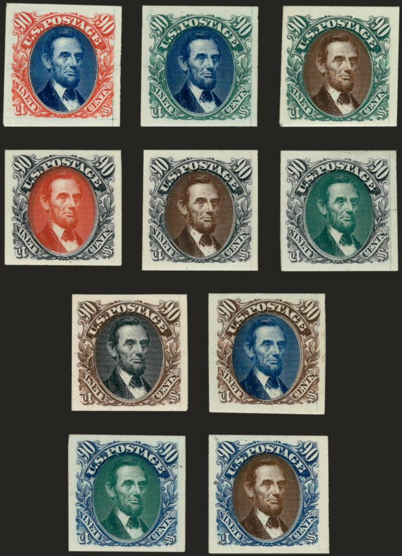 1c-90c 1869 Pictorial Issue, Atlanta Trial Color Plate Proofs on Card (123TC1-132TC1).> Complete set of 79, all have ample to large margins, all have fresh colors<><>^VERY FINE-EXTREMELY FINE. AN INCREDIBLY RARE
COMPLETE SET OF ATLANTA TRIAL CO
