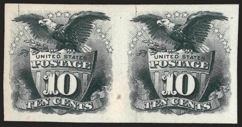 10c Black, Atlanta Trial Color Proof (127TC).> Horizontal pair, large margins, intense shade, Very Fine and choice, scarce multiple, Scott Retail as two singles