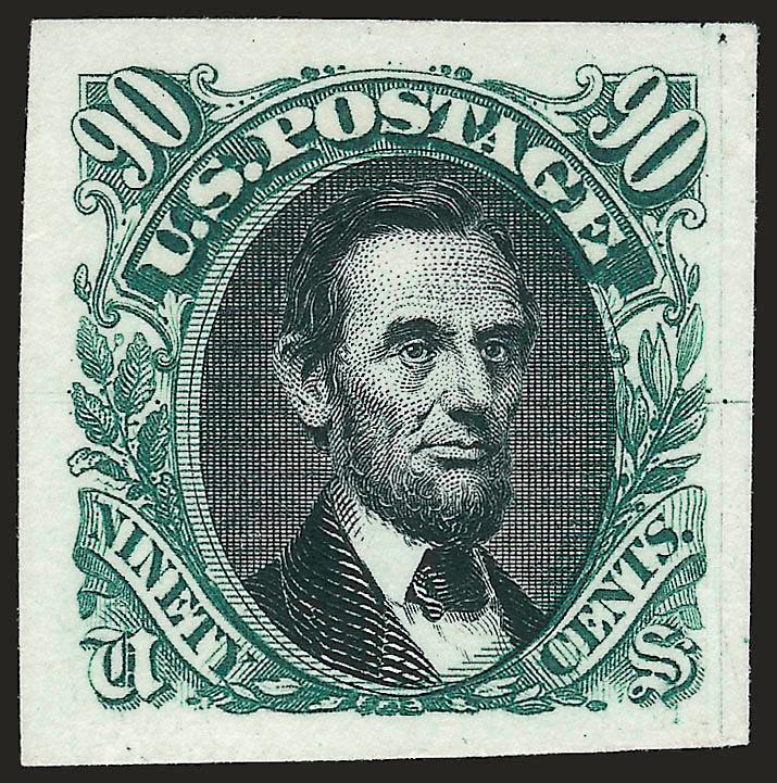 90c Green & Blue, Atlanta Trial Color Proof (132TC var).> Large margins, struck in <unlisted color combination> and on the same distinctive card as the issued colors, fresh and Extremely Fine, unlisted in Scott,
color combinations are known in Green
