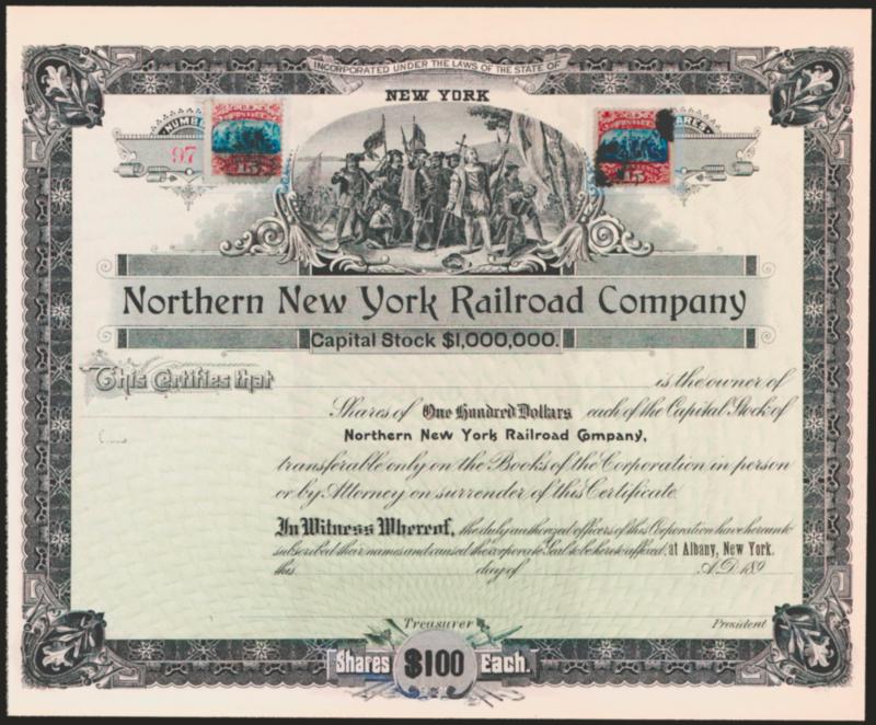 15c Brown & Blue, Ty. I, II (118, 119).> Used, accompanied by Northern New York Railroad Company stock certificate from 1890s which depicts the same design as the vignette, stamps with faults, still Very Fine,
perfect for exhibition