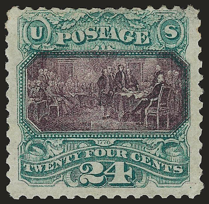 24c Green & Violet (120).> Large part original gum, deep rich colors, two tiny thins at top, corner crease at bottom right, appears Fine, with 2004 P.S.E. certificate