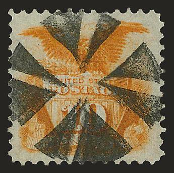 1869 Pictorial Issue Cancellation Balance.> 110 stamps, incl. 1c (4), 2c (23), 3c (70), 6c (6), 10c (3) and 12c (4), nice range of cancels incl. 2c with magenta, several with blue, 3c with <green,> four with
red, several geometrics, 6c with red, star